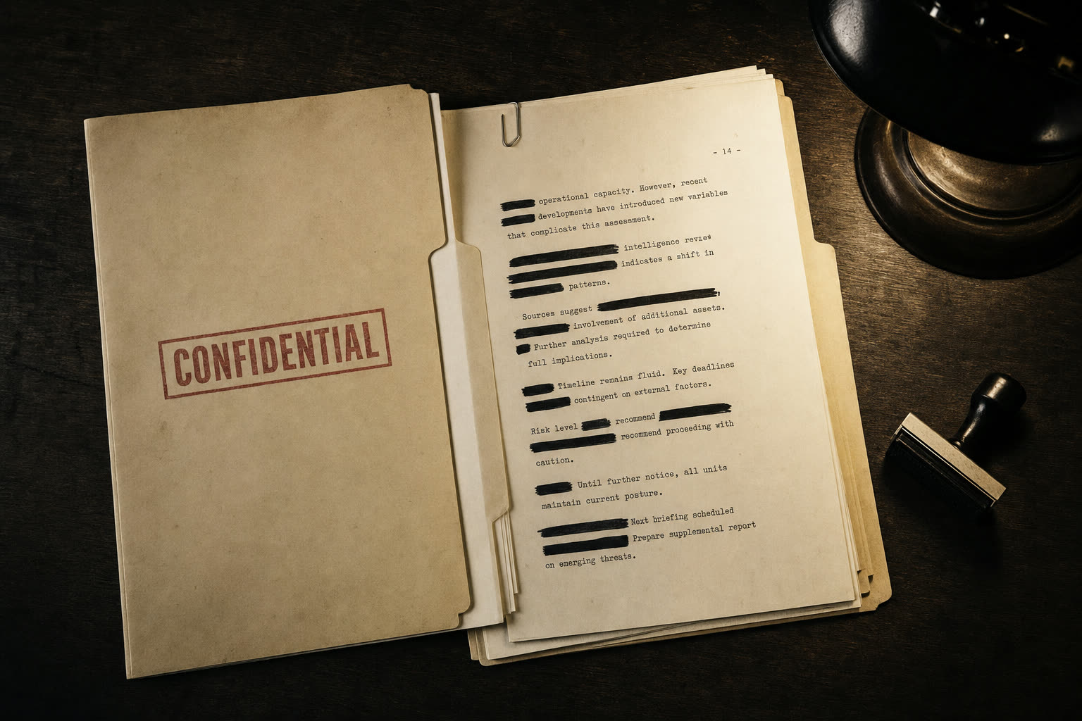 A redacted-looking dossier folder photographed from above, monospace type visible on the pages inside.