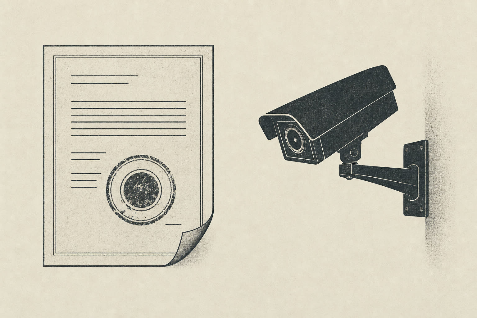Illustration: a stamped document beside a silhouetted security camera in muted monochrome tones.